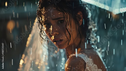 Close-up of a drenched bride with wet hair, illuminated by golden and blue lights. Rain and bokeh create a cinematic, emotional atmosphere of longing photo