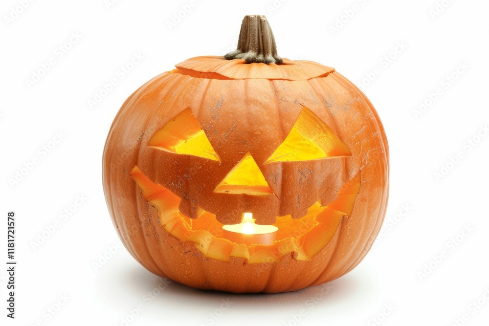 A single carved pumpkin with a cheerful jack-o'-lantern face, triangular eyes, and a wide, toothy grin. Soft candlelight glows from within, enhancing the Halloween ambiance A single carved pumpkin with a cheerful jack-o'-lantern face, triangular eyes, and a wide, toothy grin. Soft candlelight glows from within, enhancing the Halloween ambiance