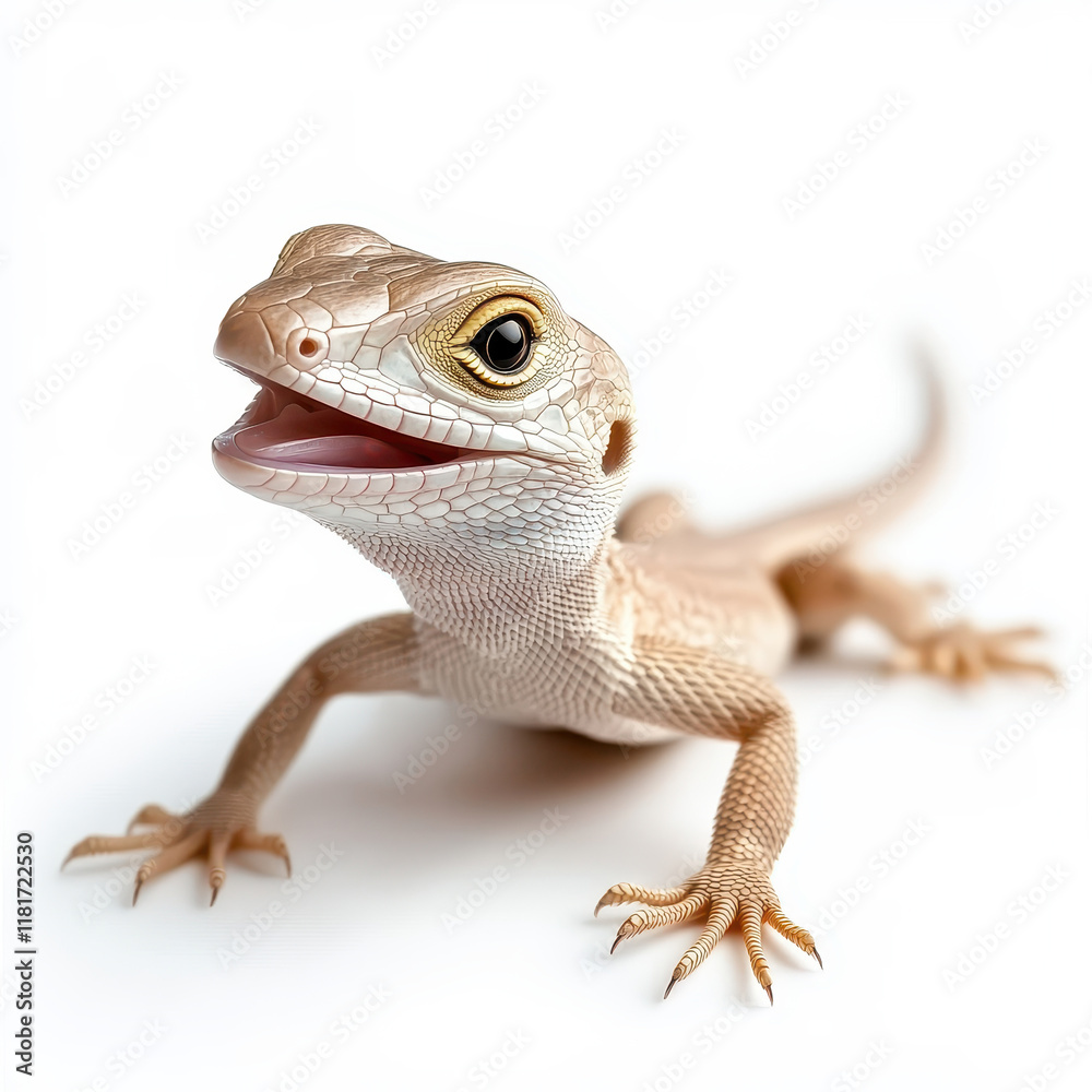 Naklejka premium A close-up shot of a playful lizard with bright eyes and a cheerful expression. isolated on white background.