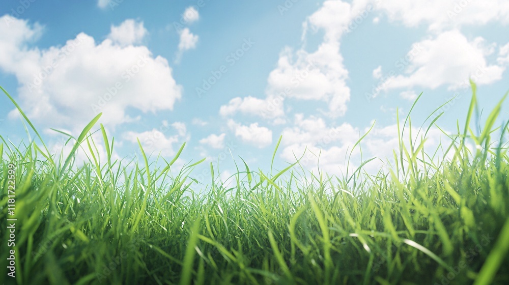 Obraz premium Vibrant green grass swaying under a bright blue sky filled with fluffy white clouds.