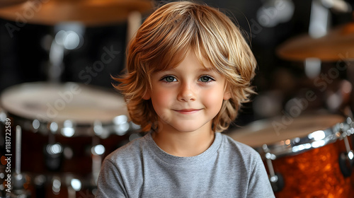 Child Smiles at Drum Set, Ready to Play Music and Learn Rhythm Skillfully