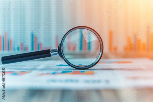 Economic report outlook concept. Magnifying glass over charts and graphs on a workspace.