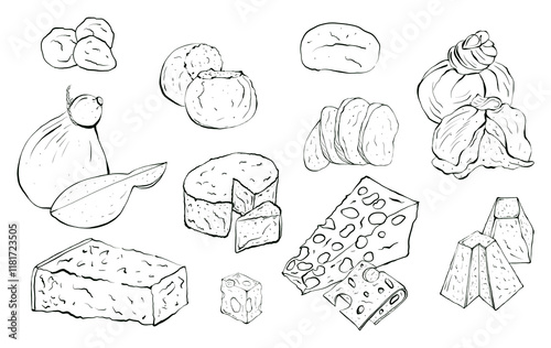 Set of hard and soft italian cheeses. Parmesan, Masdam, Camembert, Caciocavallo, mozzarella, buffalo, ricotta. Traditional Italian food. Hand drawn illustration in sketch style, isolated.