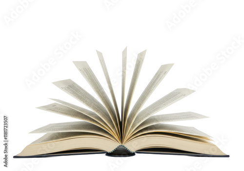 An open book with visible printed text, with some pages flipping naturally as if caught by a breeze