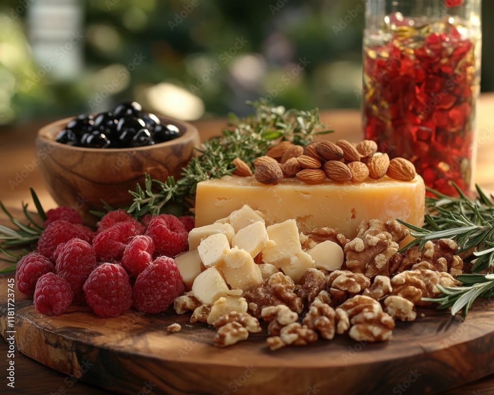 Rustic wooden board overflowing with a wholesome Mediterranean-inspired spread fresh raspberries, almonds, walnuts, and a selection of aged cheeses Perfect for a light lunch, appetizer, or elegant Rustic wooden board overflowing with a wholesome Mediterranean-inspired spread fresh raspberries, almonds, walnuts, and a selection of aged cheeses Perfect for a light lunch, appetizer, or elegant