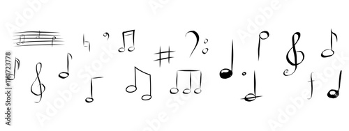 Music note hand drawn sketch silhouette, cute doodle melody. Line music elements. Simple marks, sound.