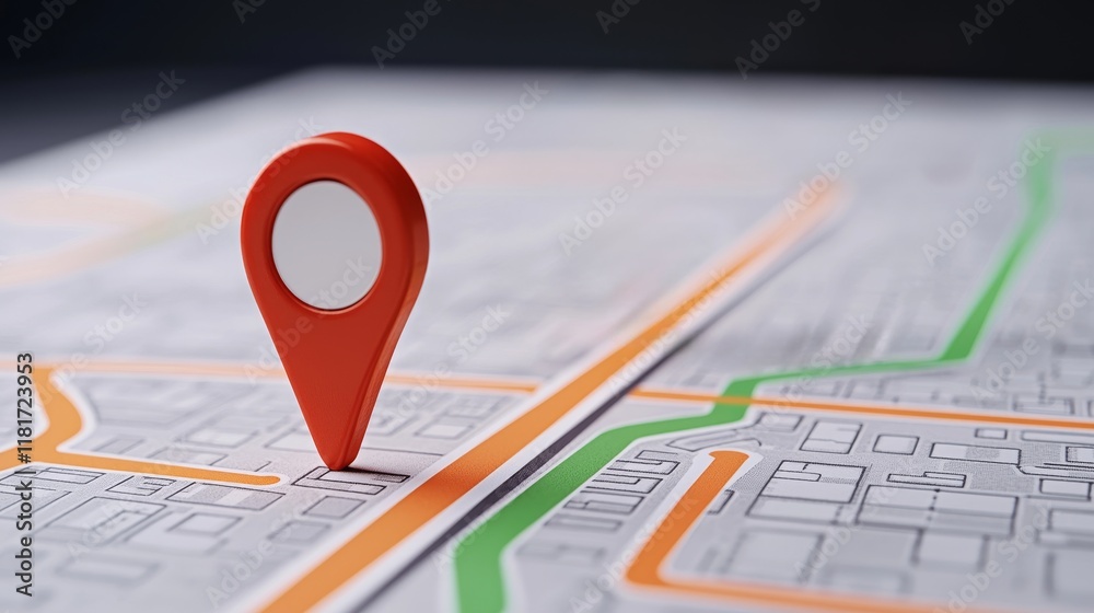 Fototapeta premium Strategy investment guide concept. Red location pin on a map highlighting navigation and direction.