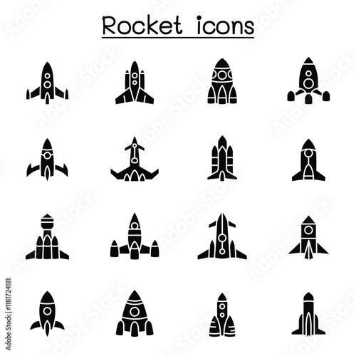 Rocket, spaceship, spacecraft icon set in thin line style