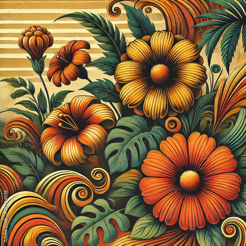 Intricate Floral Design Featuring Swirling Petals and Lush Tropical Plants