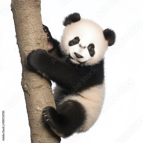 A cute panda cub climbing a tree, showcasing its playful nature and fluffy fur. isolated on white background. photo