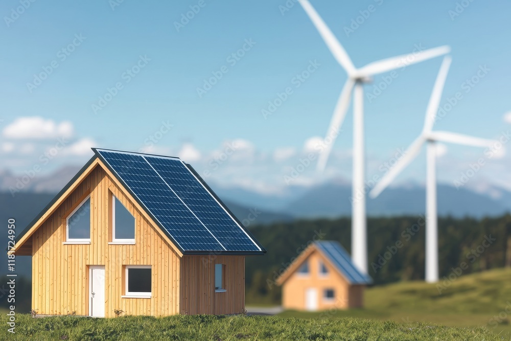 Renewable energy adoption concept. Sustainable homes with solar panels and wind turbines in a scenic landscape. Renewable energy adoption concept. Sustainable homes with solar panels and wind turbines in a scenic landscape.