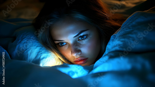 Woman Looks at Phone in Bed...