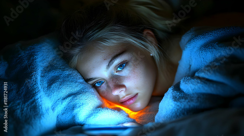 Woman Checks Phone at Night...