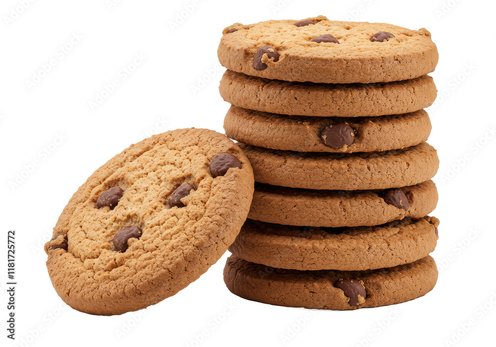 A stack of freshly baked chocolate chip cookies arranged in a slight diagonal stack, isolated on a white background A stack of freshly baked chocolate chip cookies arranged in a slight diagonal stack, isolated on a white background