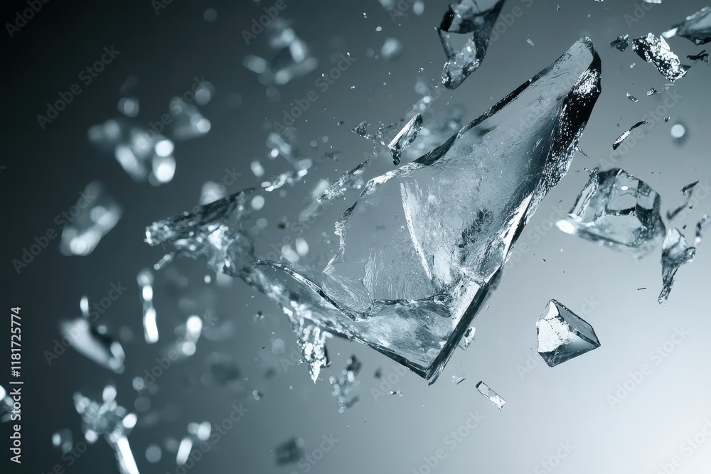 Shards of glass cascade through the air in a powerful explosion of crystalline fragments Shards of glass cascade through the air in a powerful explosion of crystalline fragments