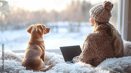 Dog and Woman Enjoy Winter ...