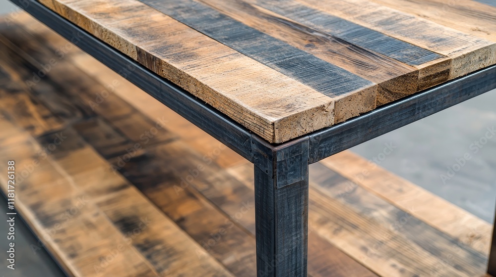 Recycle material advancement concept. Wooden table with rustic finish and metal frame close-up.