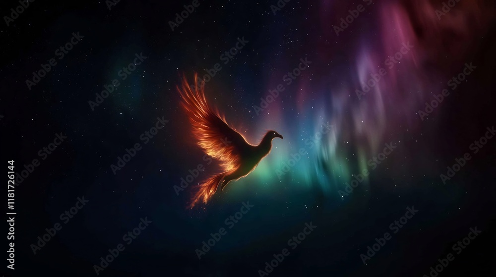 Fototapeta premium Fiery Phoenix Soaring Through a Cosmic Aurora