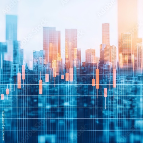 Economic report outlook concept. Abstract cityscape with financial chart overlay in blue and orange hues.
