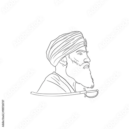 Happy Guru Gobind Singh Jayanti social media Post. Birthday Celebration of Sikh Guru and Warrior Guru Gobind Singh sketch.