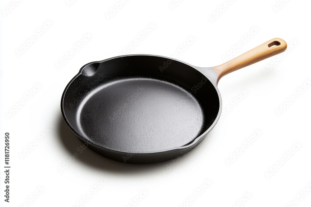 A high-quality cast iron skillet with a wooden handle, perfect for cooking. A high-quality cast iron skillet with a wooden handle, perfect for cooking.