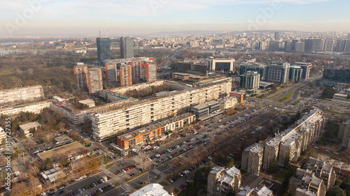 Aerial Shot of Living Discrict in Belgrade, Serbia. Brutalist Typical Socialist multi flat Buildings photo