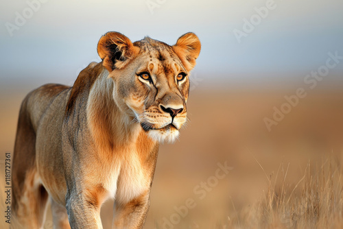 Wallpaper Mural A majestic lioness walking through the golden savannah, showcasing her wild elegance. Torontodigital.ca