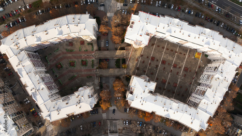 Aerial Shot of Living Discrict in Belgrade, Serbia. Brutalist Typical Socialist multi flat Buildings photo