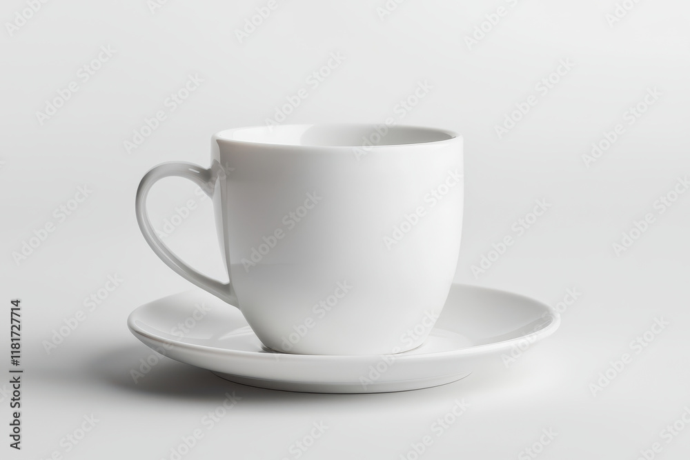 A minimalistic white coffee cup on a saucer against a light background. A minimalistic white coffee cup on a saucer against a light background.