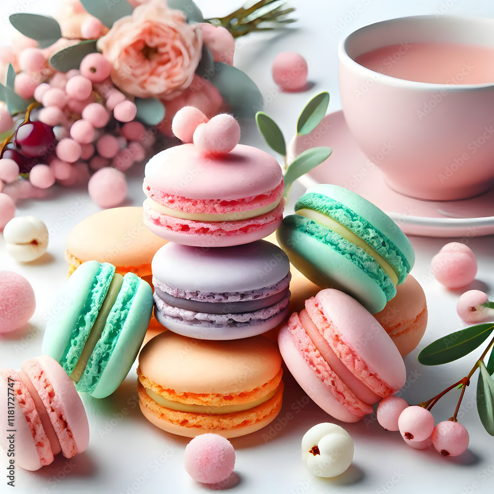 Sweet Delights - Colorful Macarons on White Plate in Pastel Kitchen Ambiance Sweet Delights - Colorful Macarons on White Plate in Pastel Kitchen Ambiance