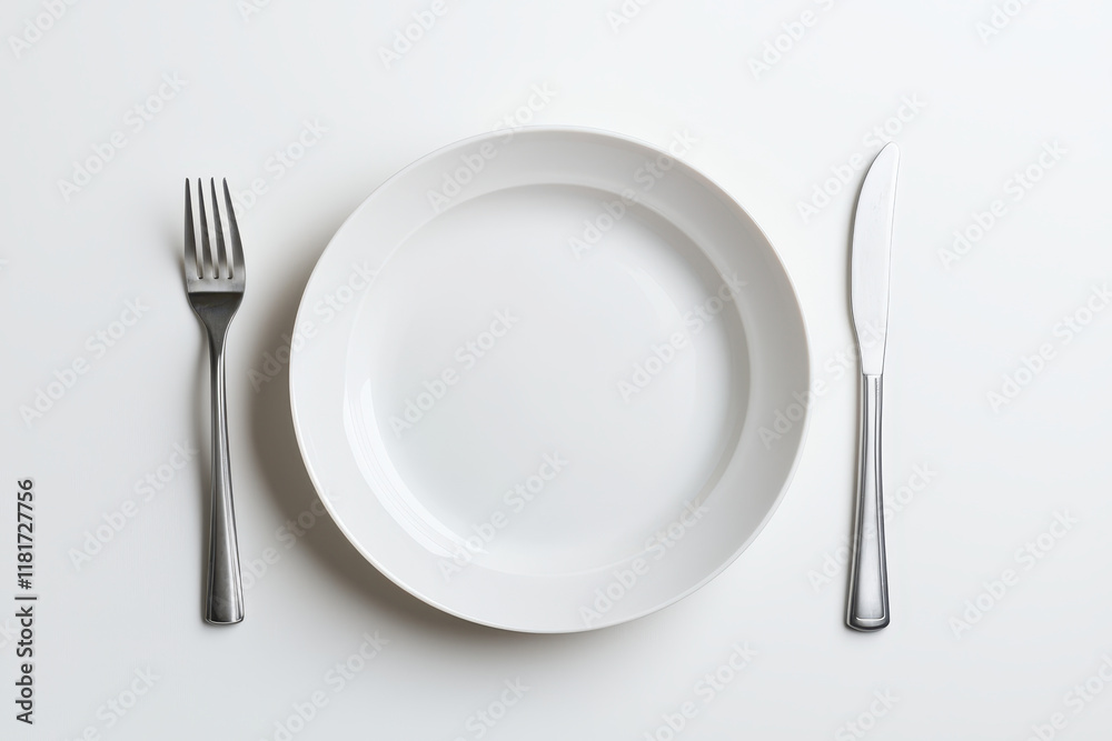 A minimalistic setting with a white plate, fork, and knife on a clean background. A minimalistic setting with a white plate, fork, and knife on a clean background.