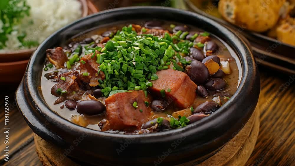 Close-up of black bean stew topped with fresh chives and sausage, served in a rustic black bowl Close-up of black bean stew topped with fresh chives and sausage, served in a rustic black bowl