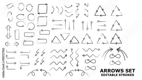 Set of hand drawn vector arrows. Editable strokes. Collection of simple isolated arrows. Various, different arrows. Arrow mark icons. Arrow drawing, paint