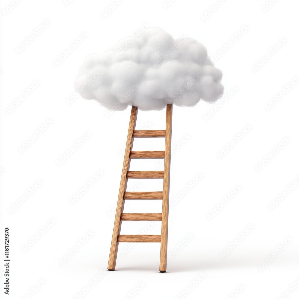 In a surreal setting, a wooden ladder reaches toward a fluffy cloud in a bright, minimalist space In a surreal setting, a wooden ladder reaches toward a fluffy cloud in a bright, minimalist space