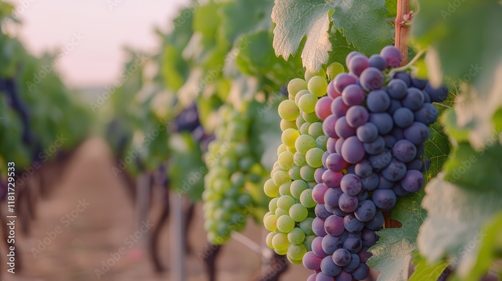 Grapes from vineyards are rich in antioxidants. Vineyard grapes in varying colors on lush green vines. Grapes from vineyards are rich in antioxidants. Vineyard grapes in varying colors on lush green vines.