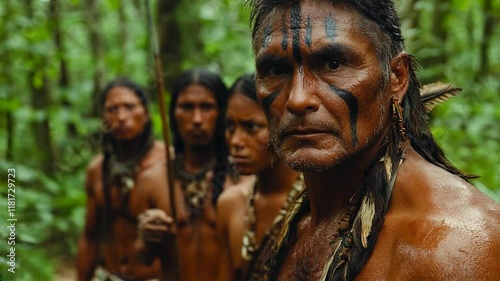 Indigenous South American Tribe Standing United in a Dense Rainforest Environment