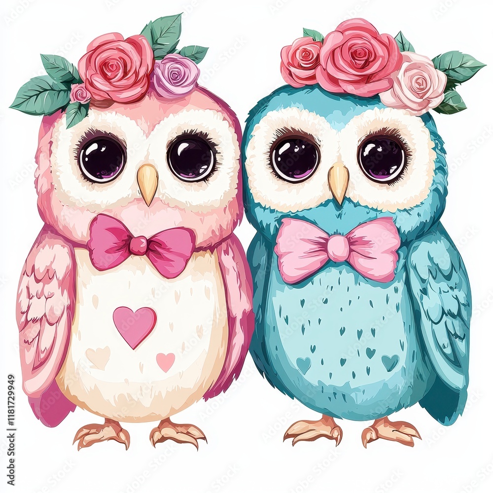 Fototapeta premium Adorable Pink and Blue Baby Owls with Rose Flower Crowns and Bows