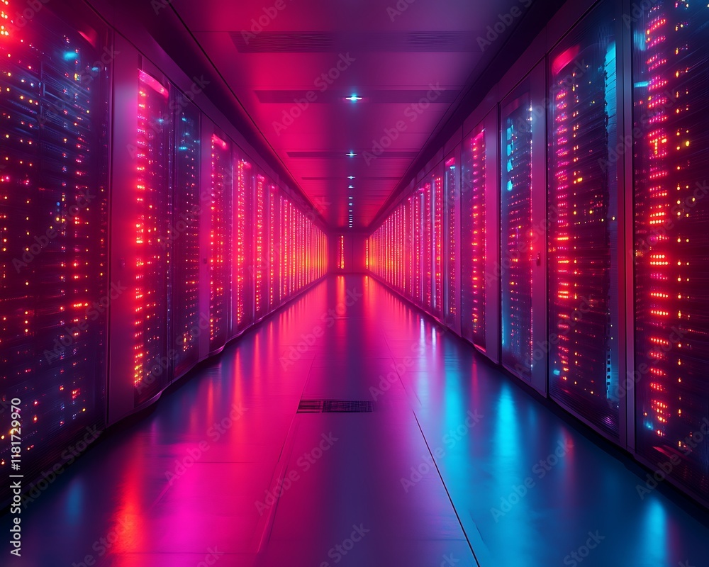 Fototapeta premium Neon-lit server room corridor. (1)