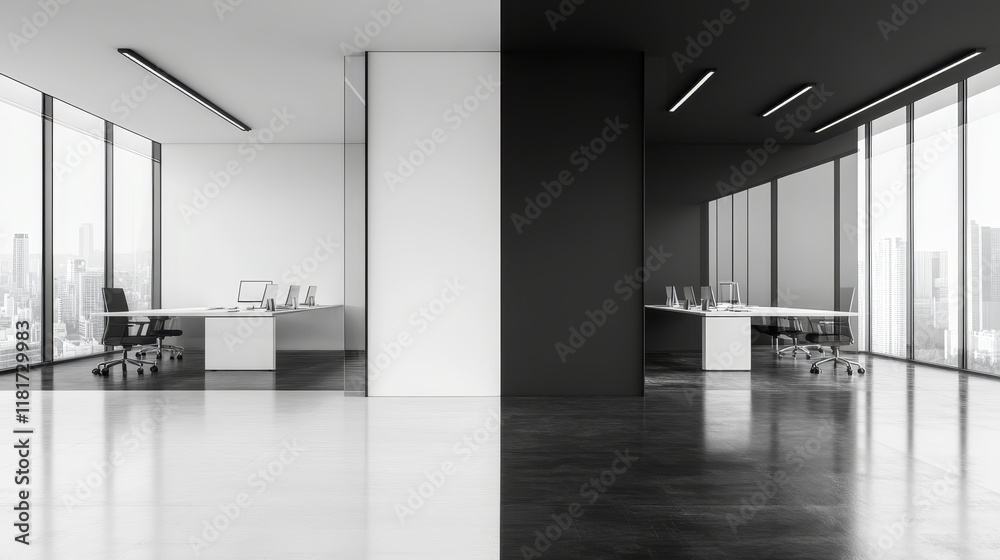 Fototapeta premium Modern office space split into contrasting black and white environments.