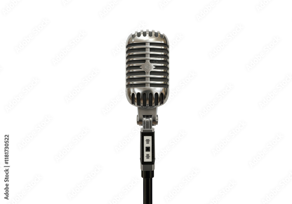 Fototapeta premium A vintage-style microphone with a polished metallic finish, mounted on a stand, isolated on a white background