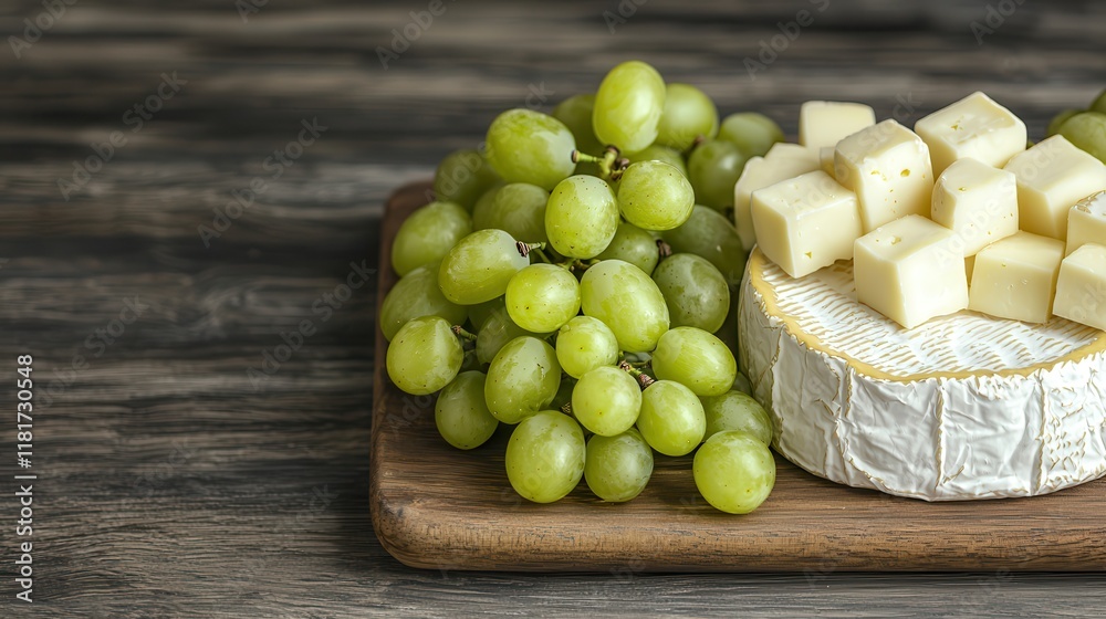 Grapes from vineyards are rich in antioxidants. Cheese and grapes arranged on a wooden platter. Grapes from vineyards are rich in antioxidants. Cheese and grapes arranged on a wooden platter.