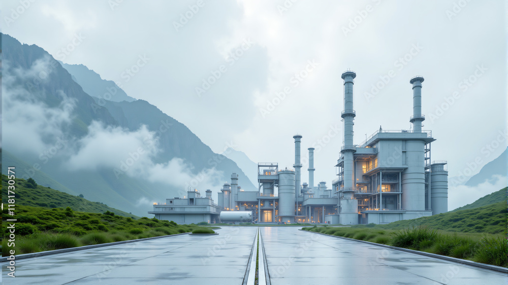 A modern power plant surrounded by mountains, showcasing advanced technology and green energy initiatives. A modern power plant surrounded by mountains, showcasing advanced technology and green energy initiatives.