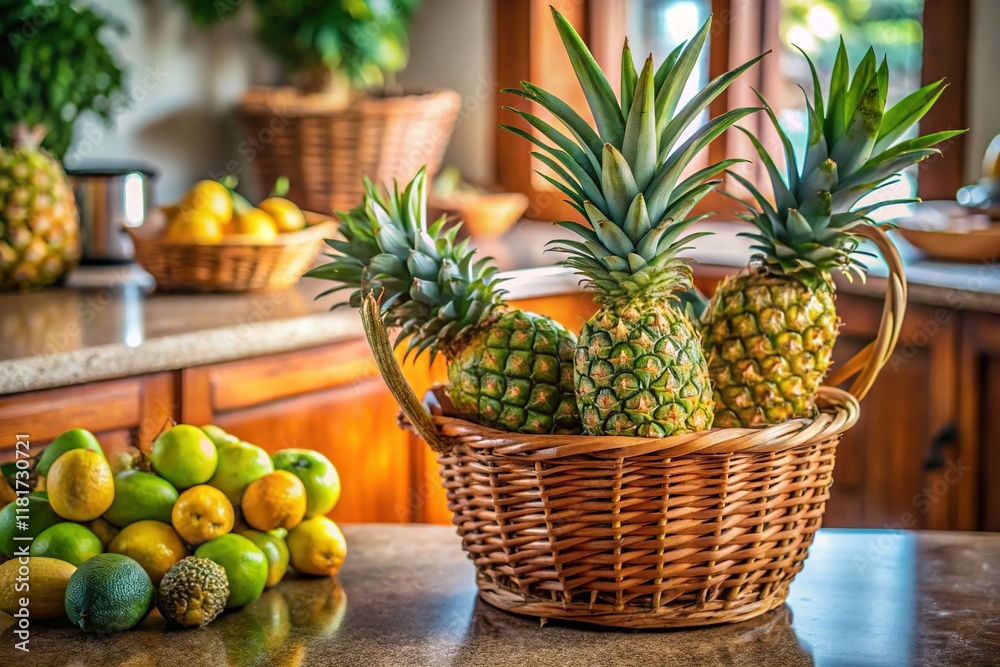 Aerial View: Pineapples in Basket, Feijoa Background - Fresh Tropical Fruit Aerial View: Pineapples in Basket, Feijoa Background - Fresh Tropical Fruit