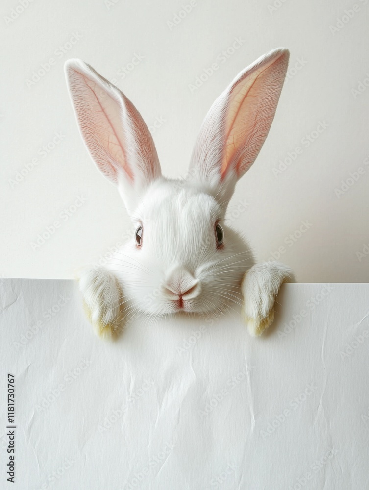 Obraz premium Cute white rabbit peeking over a blank surface with large ears and curious expression during daylight