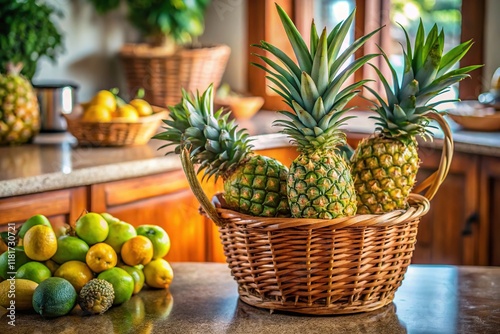 Aerial View: Pineapples in Basket, Feijoa Background - Fresh Tropical Fruit