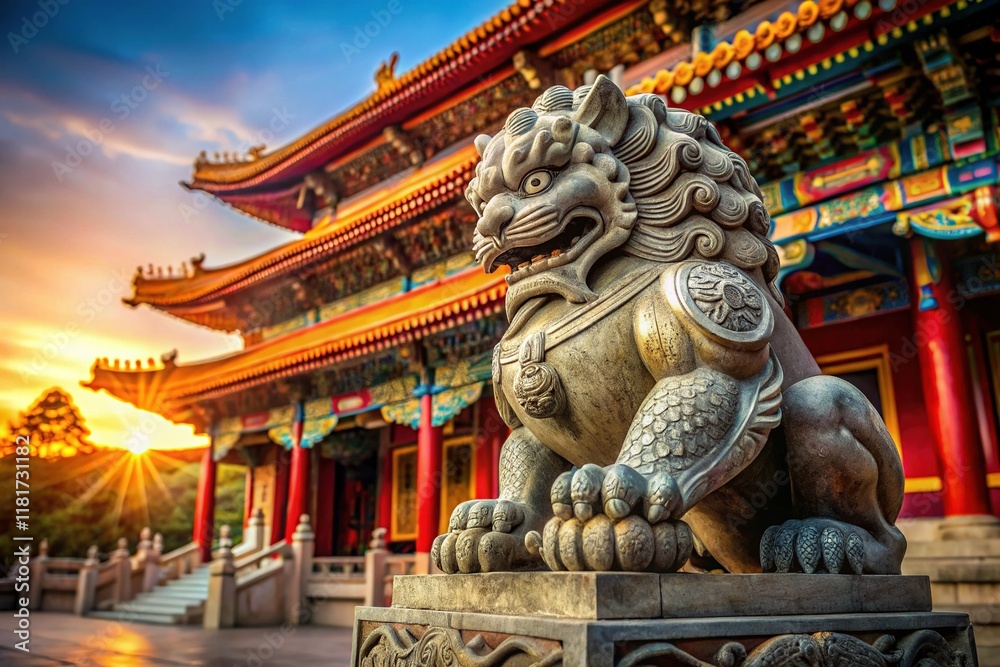 Ancient Stone Lion Guardian at Chinese Temple - Serene Documentary Photograph Ancient Stone Lion Guardian at Chinese Temple - Serene Documentary Photograph