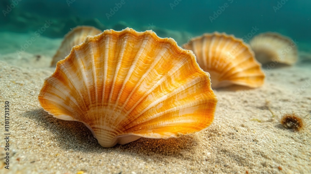 Underwater exploration scallop shells on sandy seafloor marine environment close-up perspective Underwater exploration scallop shells on sandy seafloor marine environment close-up perspective