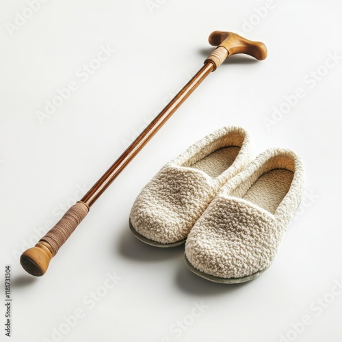 Comfortable slippers and a wooden cane on a light background in a cozy indoor setting photo