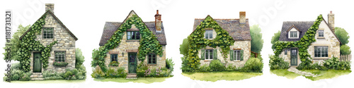 Quaint Tudor style countryside homes with lush foliage and greenery surroundings portraying a charming picturesque and enchanting pastoral scene in a rural English landscape photo