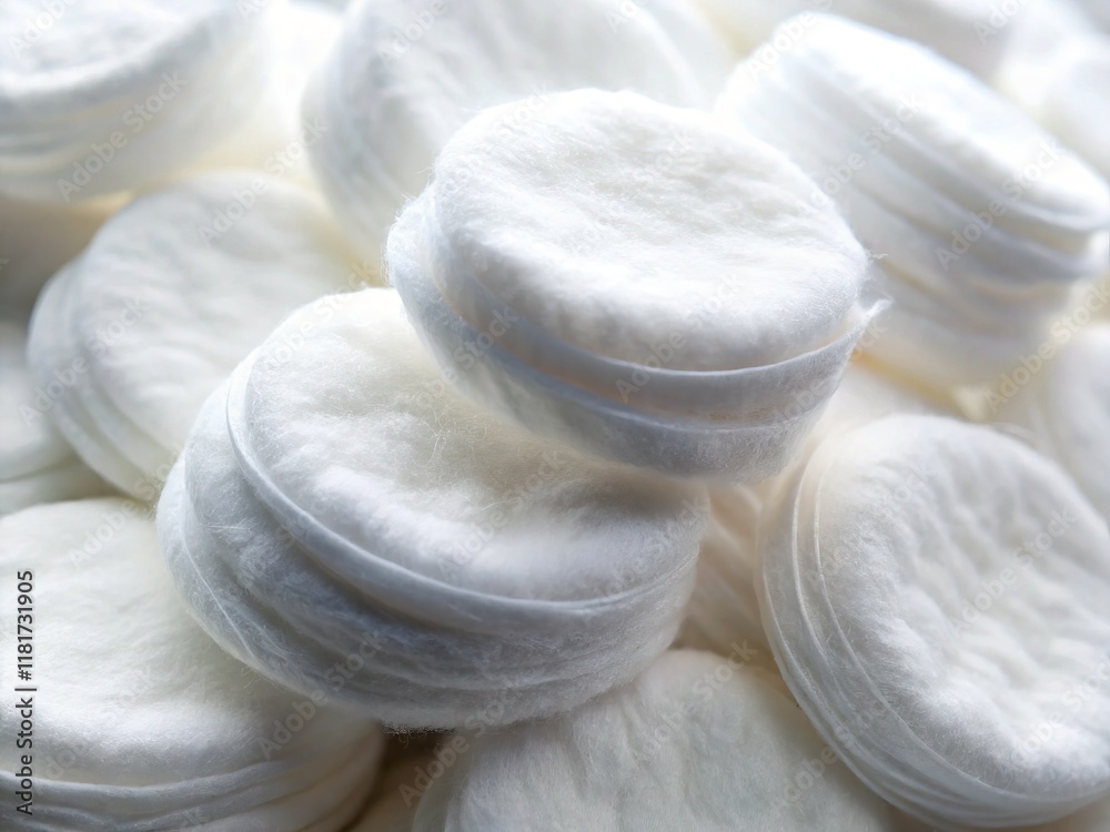 Close-up Macro Shot of Soft White Cotton Rounds, Cleanliness, Beauty, Health, and Medical Concept Close-up Macro Shot of Soft White Cotton Rounds, Cleanliness, Beauty, Health, and Medical Concept